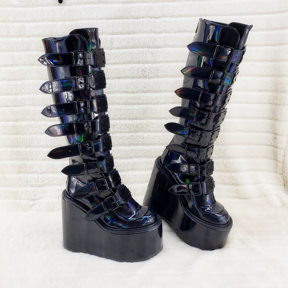 Swing 815 Black Oil Slick Hologram Festival Knee High Platform Demonia